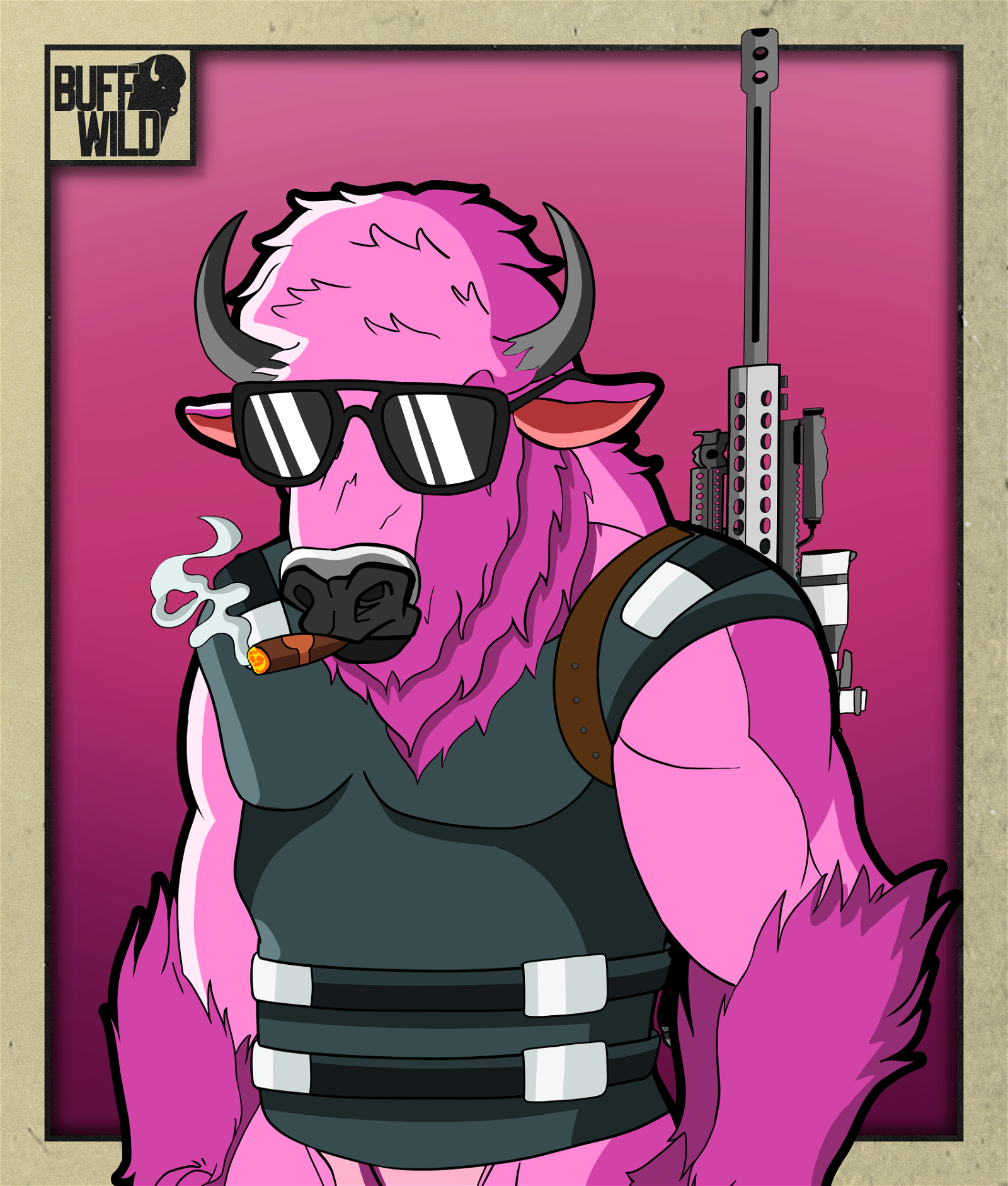 Pink Sniper Buffalo smoking a cigar
